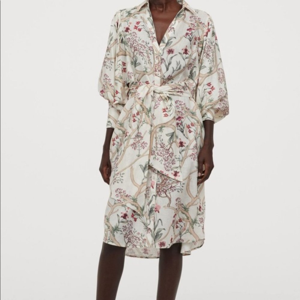 Johanna Ortiz for H&M White Floral Linen Dress Shirt Wrap Pink Green Belt Medium